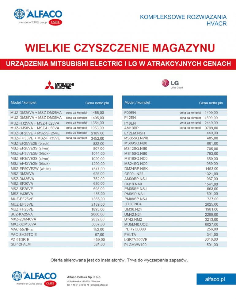 Urządzenia Mitsubishi Electric i LG w atrakcyjnych cenach | Alfaco