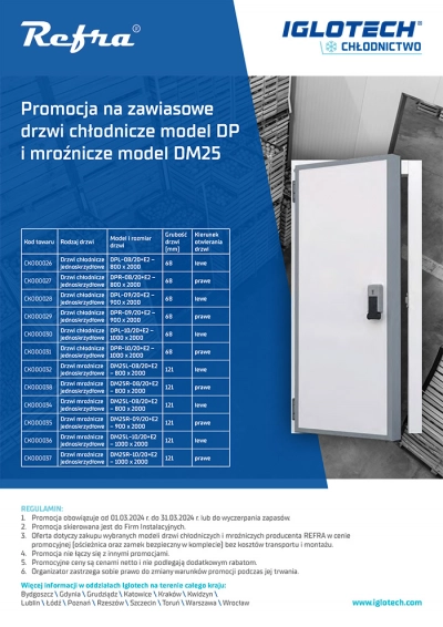 Promocja na zawiasowe drzwi chłodnicze model DP i mroźnicze model DM25 | Iglotech marzec 2024