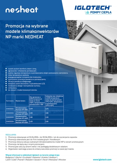 Promocja na wybrane modele klimakonwektorów NP marki NEOHEAT | maj 2024