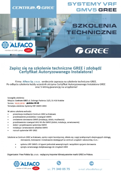 Bezpłatne szkolenie z zakresu montażu systemów Gree GMV 16.02 | Alfaco