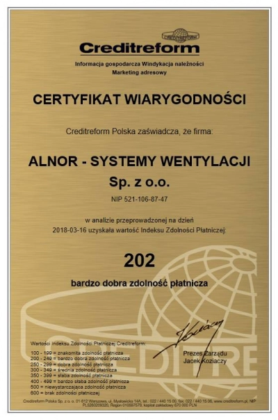 Alnor z certyfikatem wiarygodności
