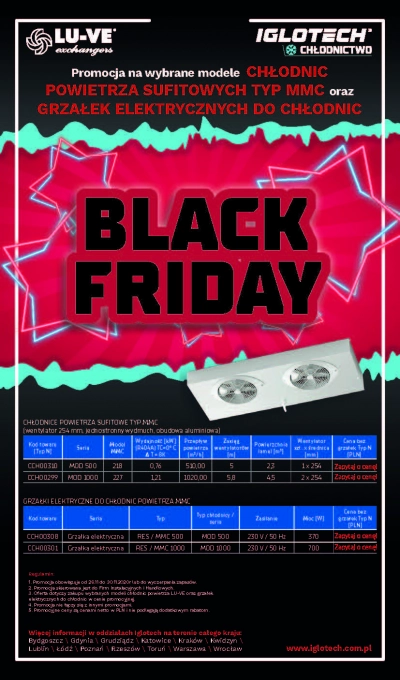 Black Friday w IGLOTECH! Promocja na wybrane modele  chłodnic powietrza sufitowych typ MMC oraz grzałek elektrycznych do chłodnic