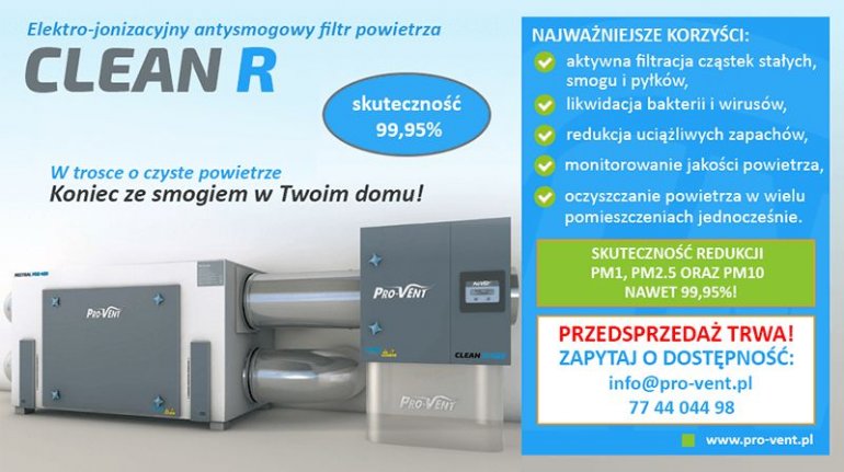 Elektro-jonizacyjny antysmogowy filtr powietrza Clean R jest już dostępny w przedsprzedaży w Pro-Vent