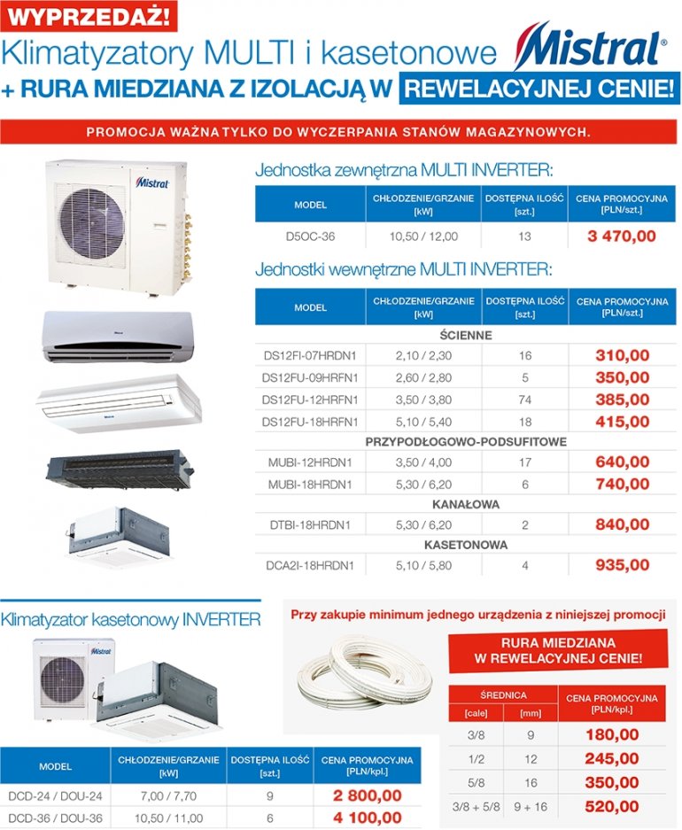 Klimatyzatory MULTI i kasetonowe z Mistral + rura miedziana z izolacją | Lindab