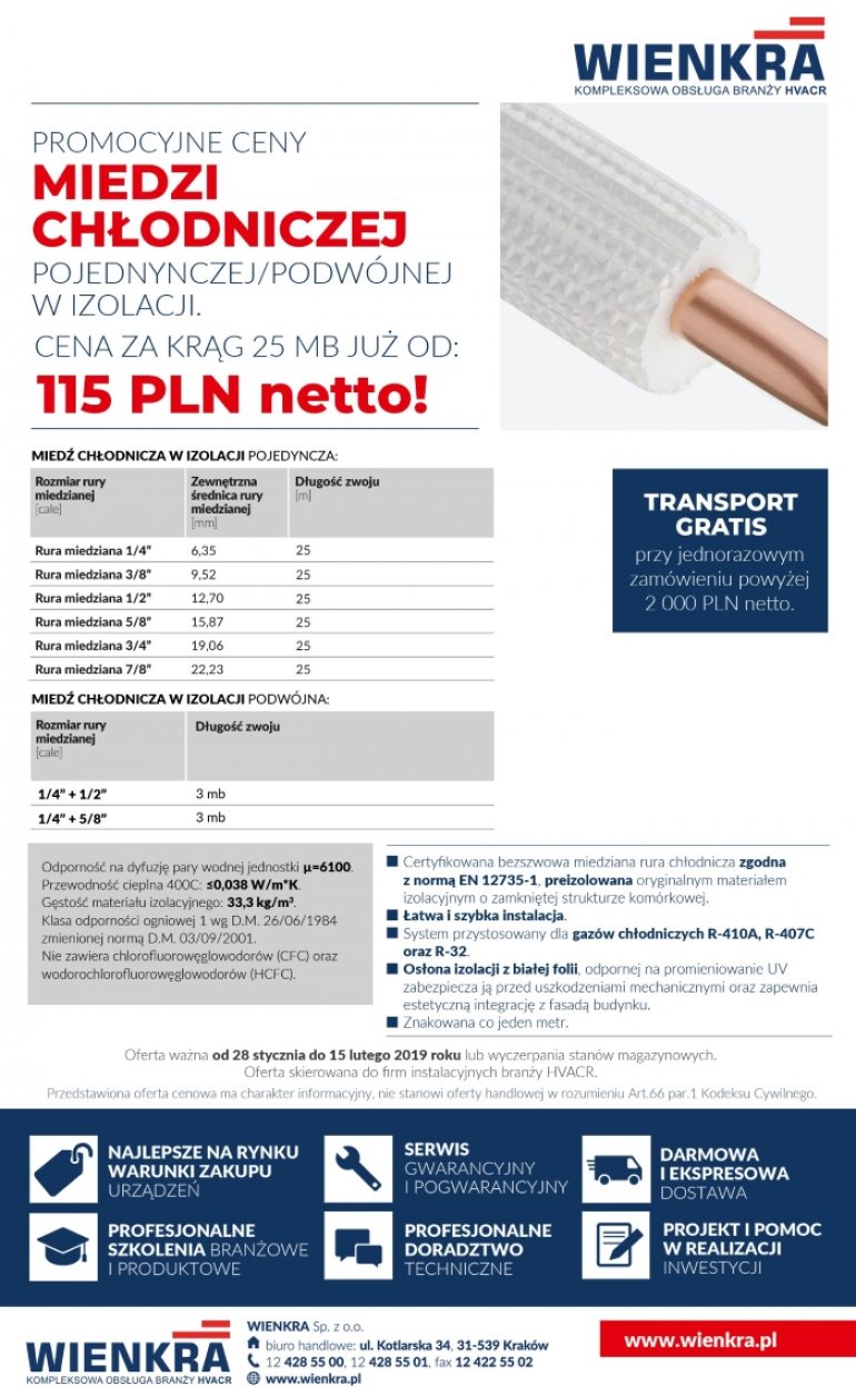 Miedź chłodnicza - niższe ceny - promocja WIENKRA