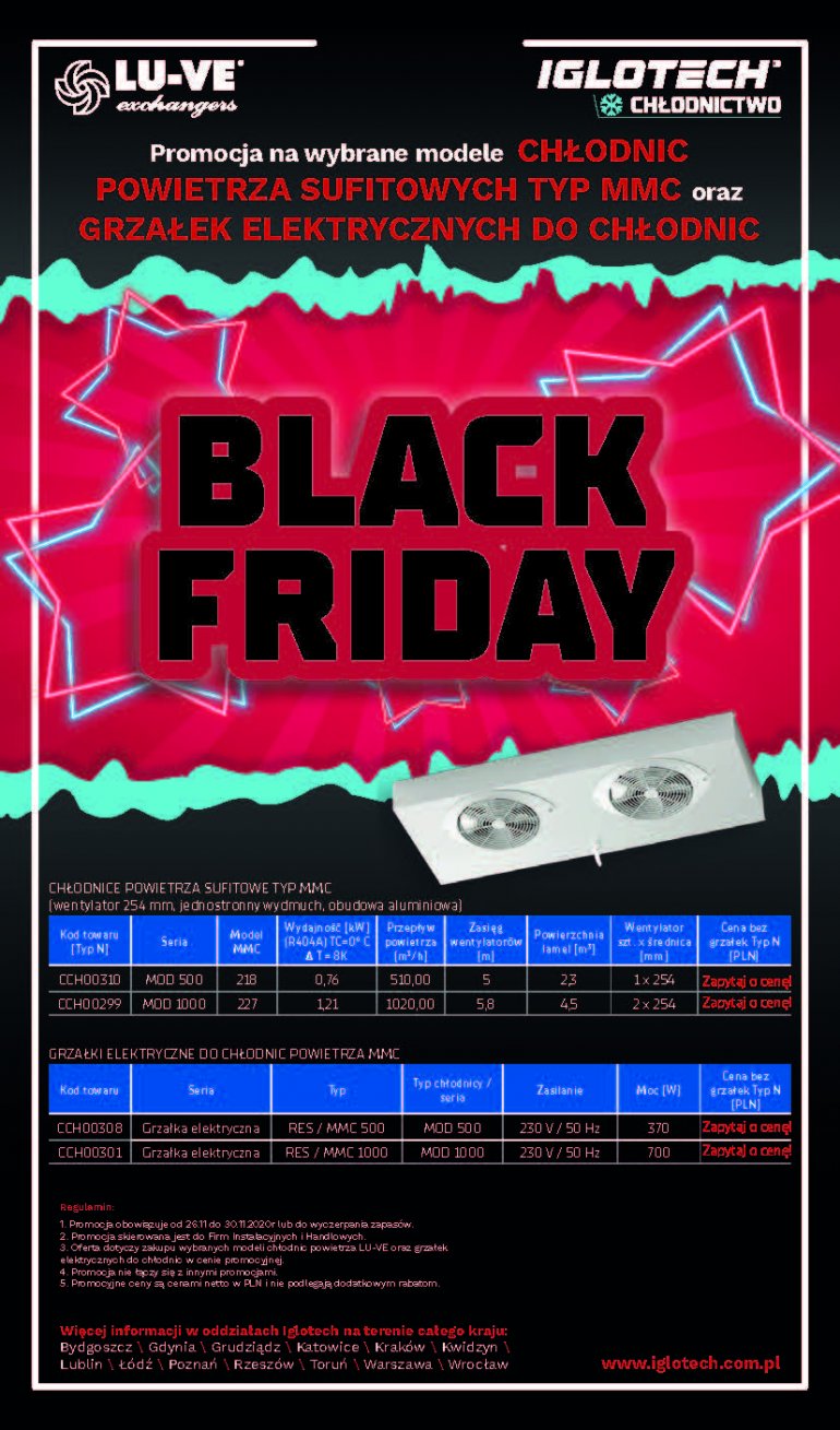 Black Friday w IGLOTECH! Promocja na wybrane modele chłodnic powietrza sufitowych typ MMC oraz grzałek elektrycznych do chłodnic