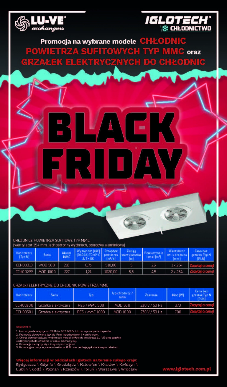 Black Friday w IGLOTECH! Promocja na wybrane modele  chłodnic powietrza sufitowych typ MMC oraz grzałek elektrycznych do chłodnic