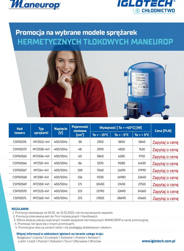 Promocja na wybrane modele sprężarek hermetycznych tłokowych Maneurop
